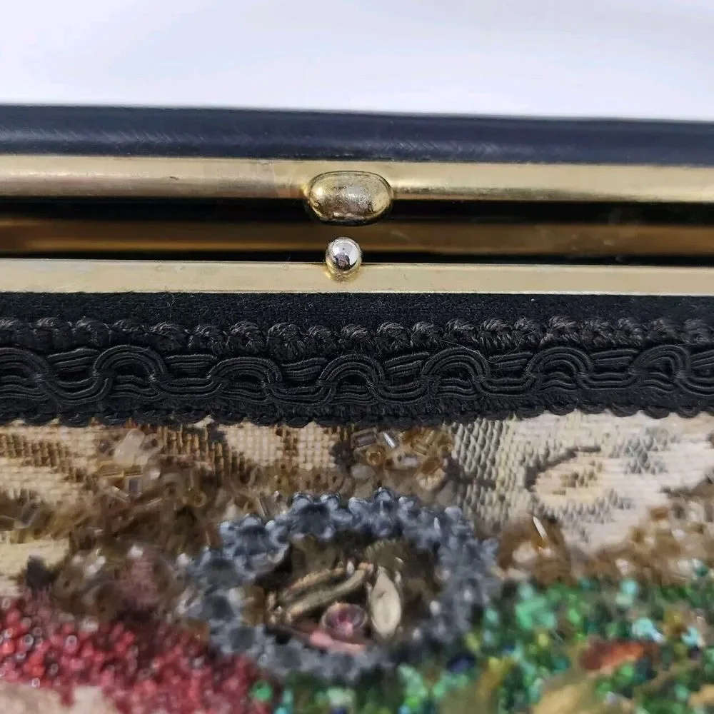 Vintage Embroidered Purse‎ Black Needlepoint Beaded Multi Floral Handbag